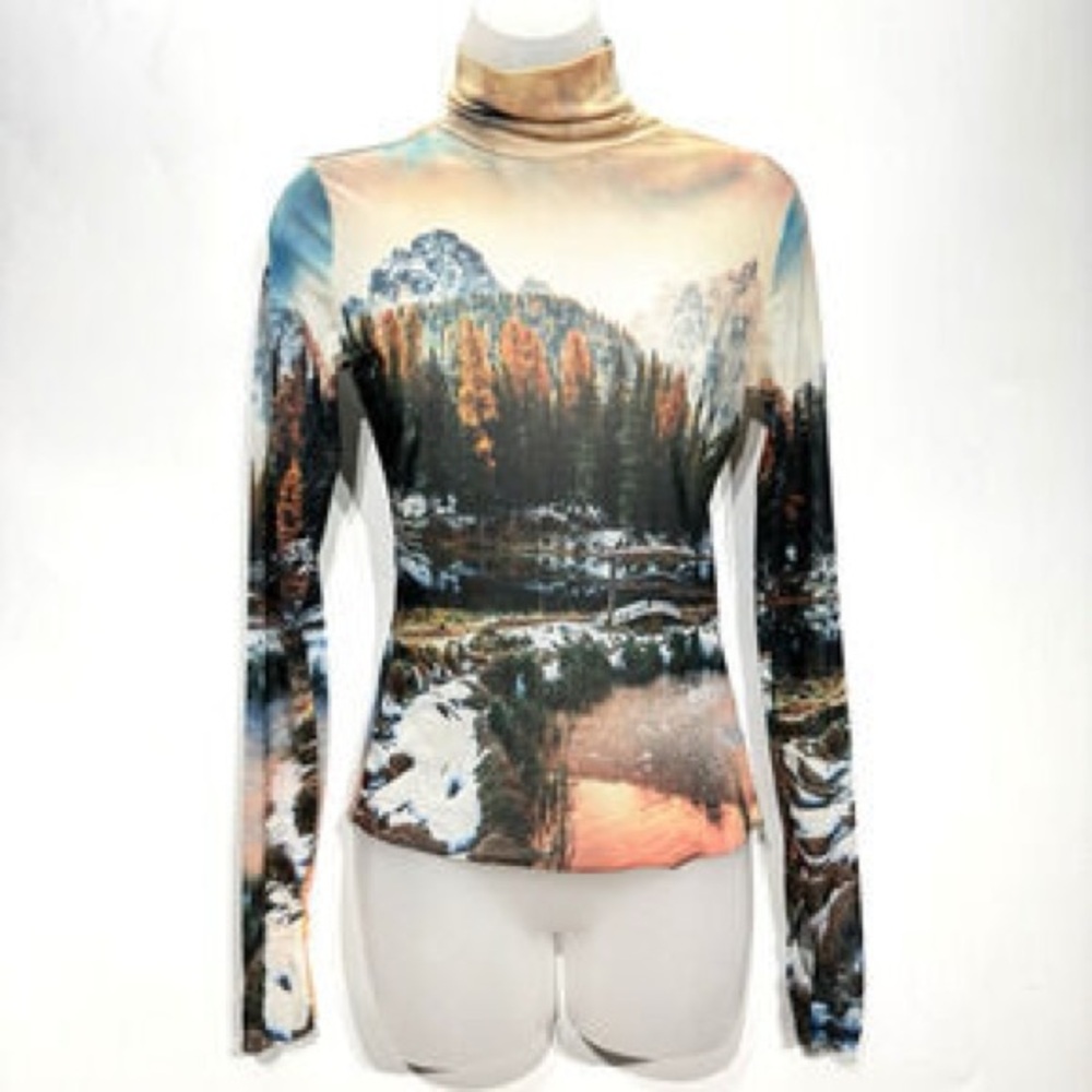 Nwot AFRM sheer Print Long-Sleeve Turtleneck Top - Multicolor